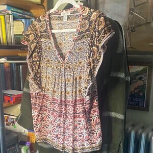 Rachel Zoe Floral V-Neck Knit Tee with Ruffle Sleeves